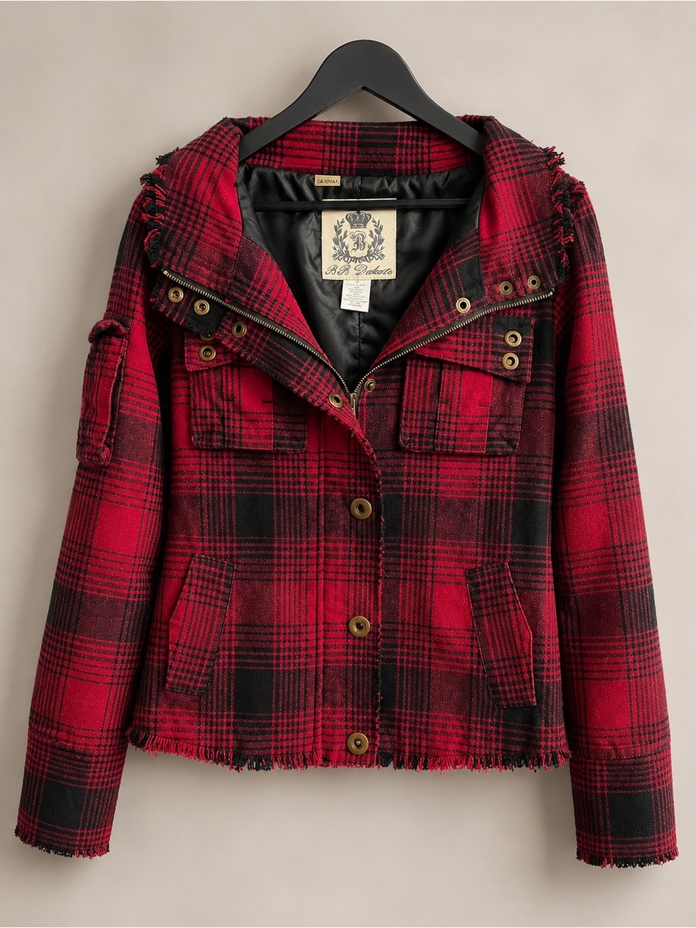 BB Dakota Red Black Plaid Hooded Jacket Women’s XS Buffalo Check Utility Coat